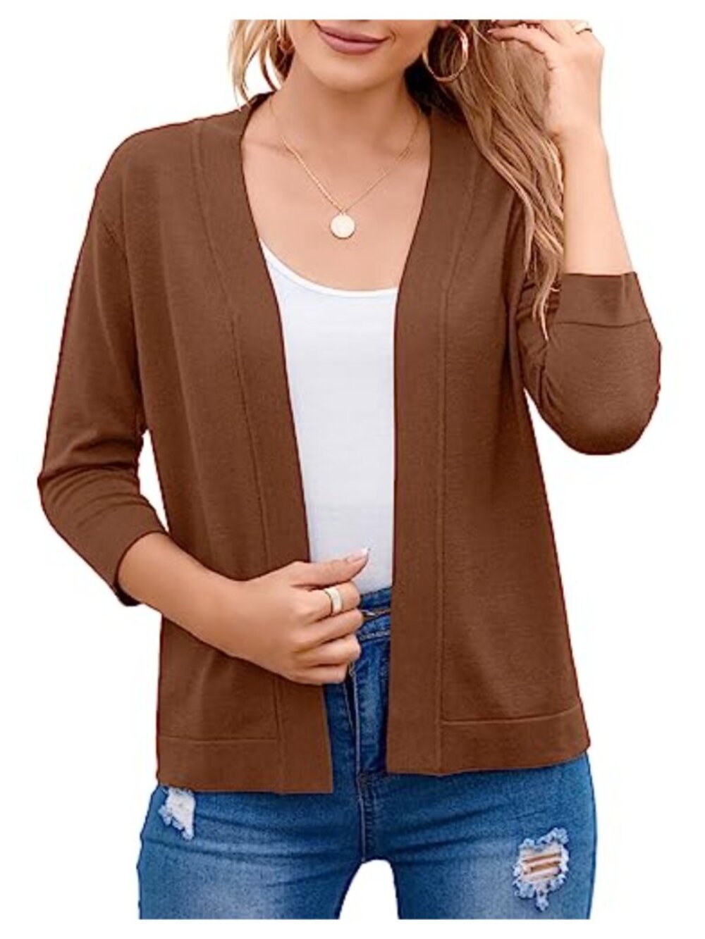 Women's Cropped Cardigan 3/4 Sleeve Open Front Shrug Sweater Viscose Nylon